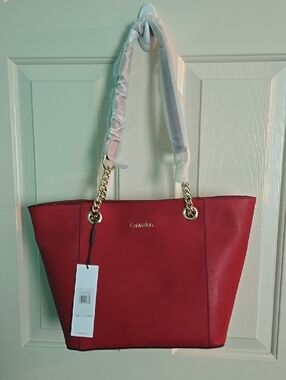Calvin Klein Red Tote with Gold Chain Handles